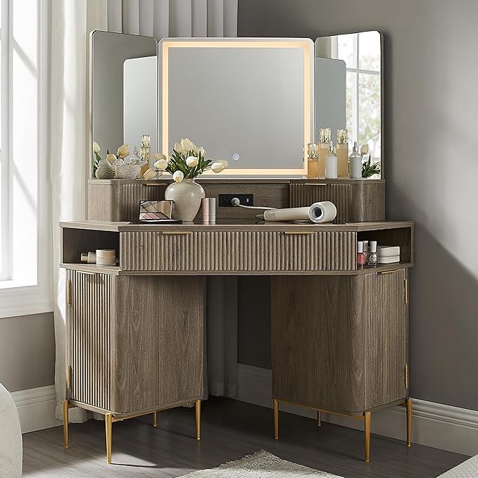 t4tream 48" fluted makeup vanity desk with hd triple mirror and lights, large lighted corner vanity with glass top, modern dressing table with 3 drawers & 2 cabinets for bedroom, grey alder