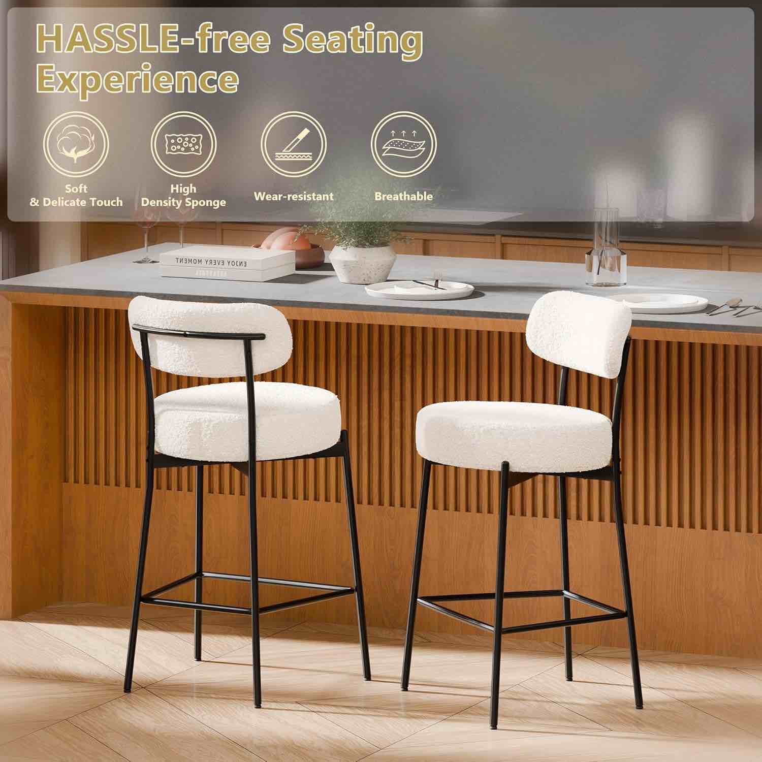  dyhome bar stools set of 4, white 24 inch boucle barstools counter height bar stool with curved back metal legs, modern upholstered bar chair for kitchen..(similar)