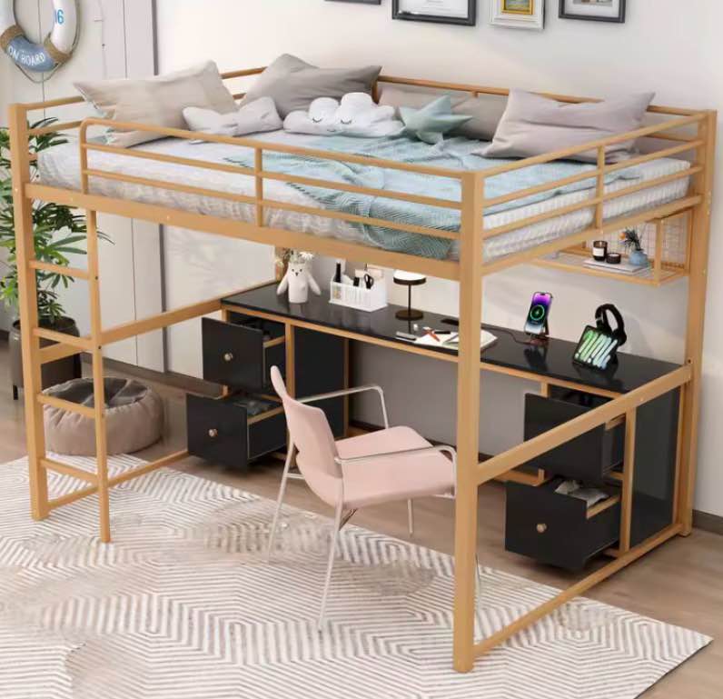 full size metal loft bed with integrated desk, storage drawers, bedside tray, charging station, usb ports & socket (box 1 of 2 only) incomplete