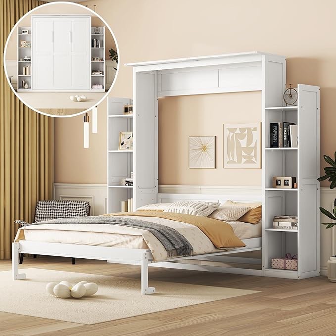 queen size murphy bed wall bed with shelves and led lights (white-3) (box 3 of 3 only)