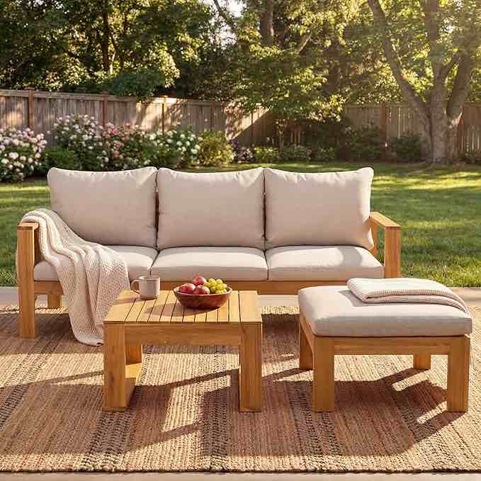 3 Pieces Acacia Wood Furniture Set, Patio Conversation Sofa with Coffee Table and Ottoman, Outdoor 3-Seater Sofa Set for Backyard Balcony Gardern (incomplete one box only)