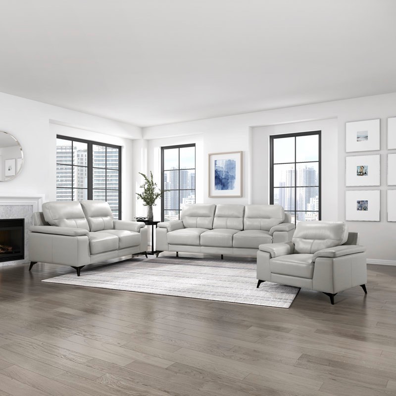 Dontario Modern & Contemporary Top Grain Leather 3-Piece Living Room Set with High-Density Foam, Exposed Metal Feet & Premium Seating Surfaces ( incomplete 2 boxes only) (loveseat and chair)