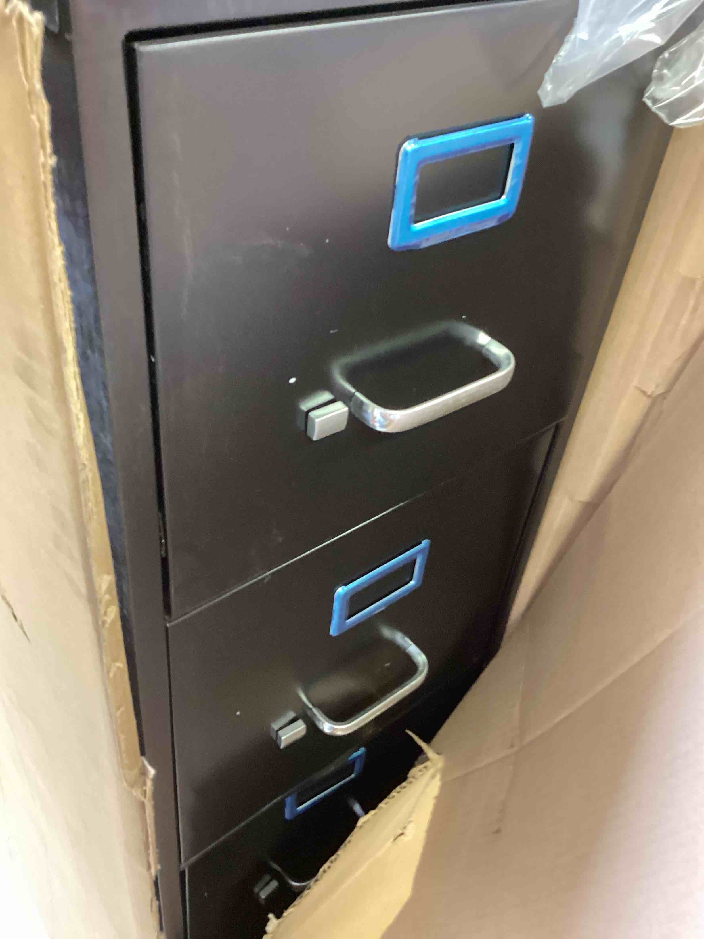Condition photo showing As Is for hirsh 22 in deep 4 drawer vertical letter file cabinet in black