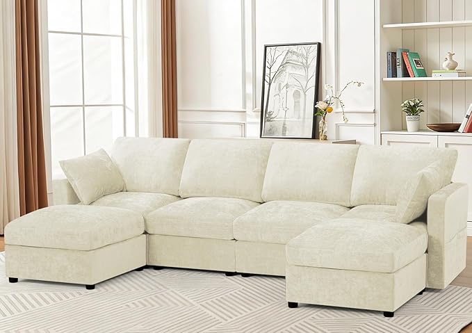 Chenille 4-Seats Sofa W/Movable Ottomans, Modern Fabric U-Shaped Couch w/Soft Backrests, Upholstered Sectional Sofa w/Arm Pillows for Living Room, Office, Beige (INCOMPLETE) ( BOX # 2 ONLY)