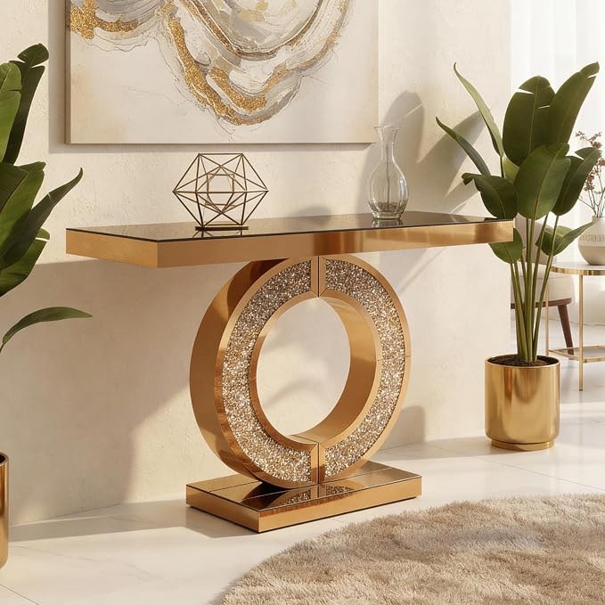 Mirrored Console Table with Diamond Inlay, Brown | MDF + glass construction, O-shaped base, mirrored panels, long entryway table, easy assembly