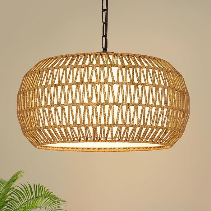 Rattan Chandeliers for Dining Room, Large Boho Hanging Light Fixture Over Table, Pendant Light with Hand Woven and Fabric Lampshade, Farmhouse Chandelier for Kitchen Island Bedroom Hallway