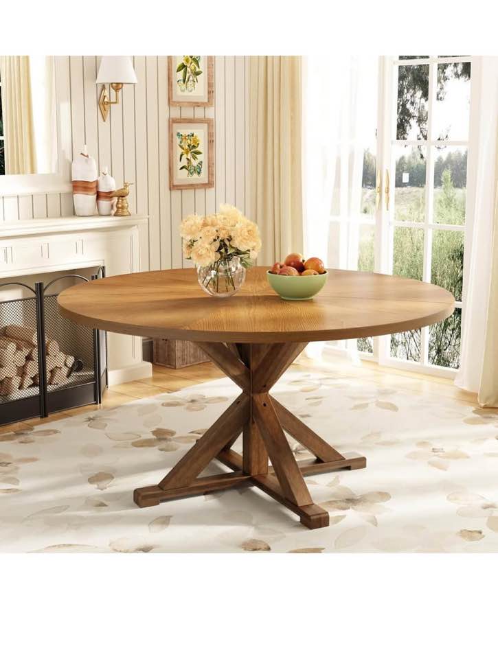 59" solid wood round dining table for 6-8 people, wooden pedestal base, farmhouse round dining room table for home dining room, kitchen, living room