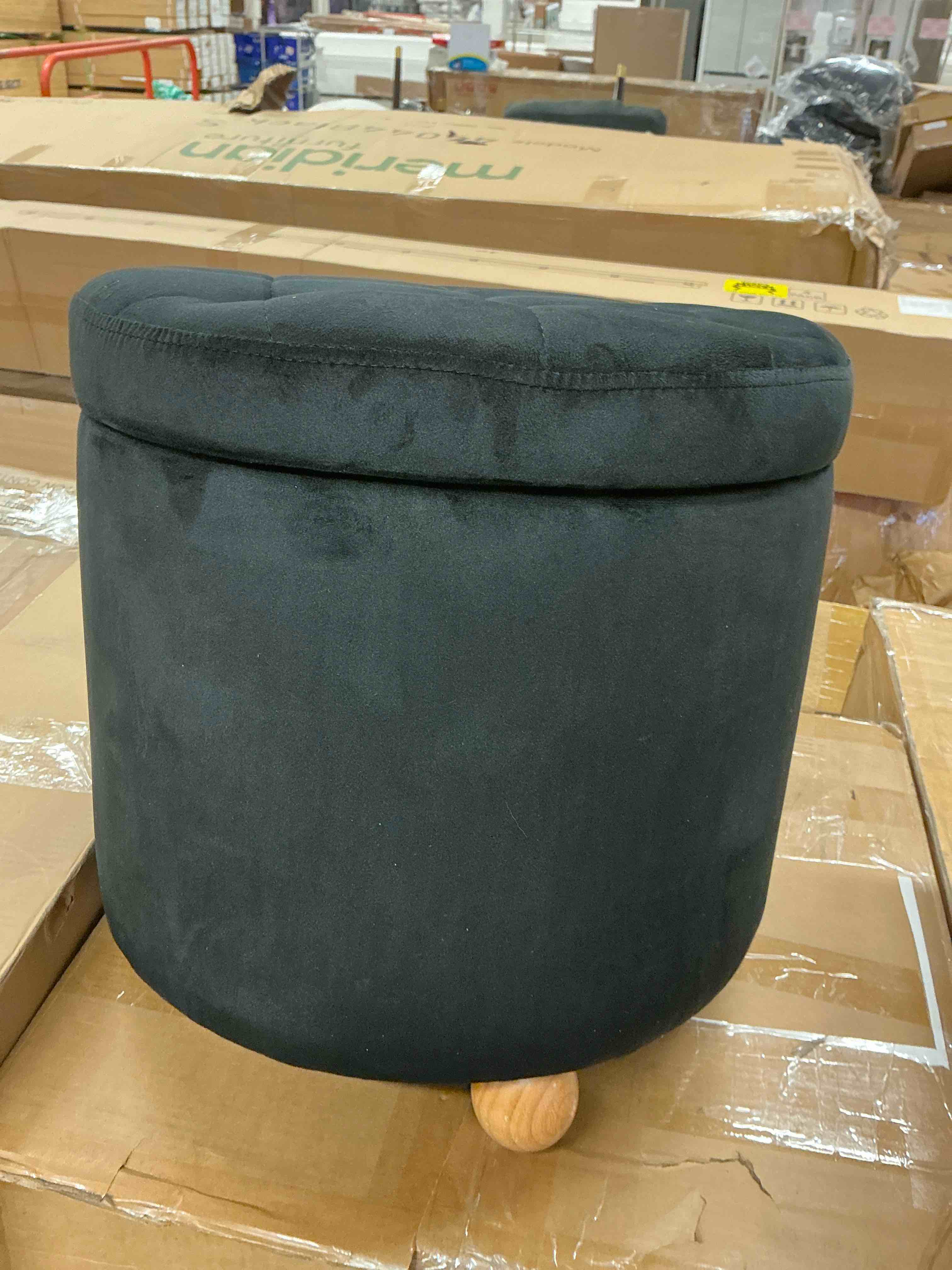 Condition photo showing Good Condition for round ottoman, ottoman with storage, foot rest with legs wood , linen-look fabric, for living room, bedroom, (black color) (similar)