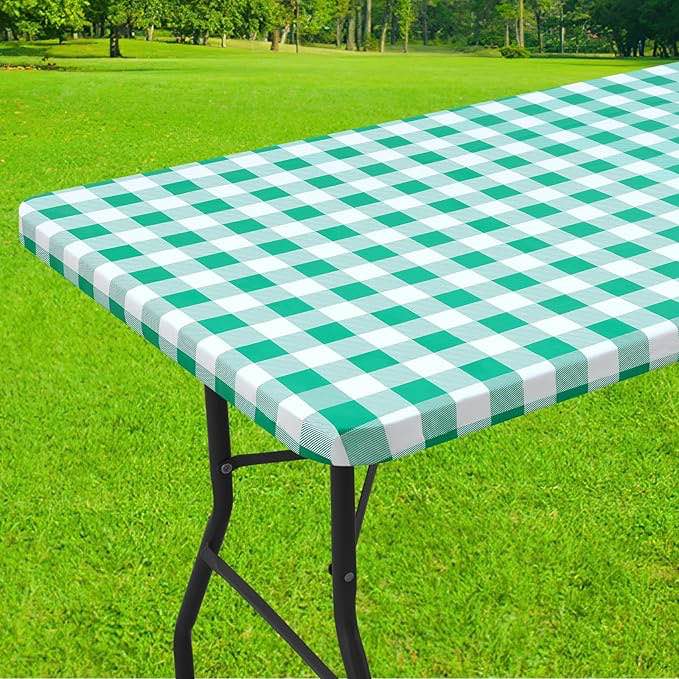 Condition photo showing Good Condition for smiry rectangle picnic table cloth, elastic waterproof fitted vinyl tablecloths, flannel backed buffalo plaid table covers for dining, camping, outdoor (white and green