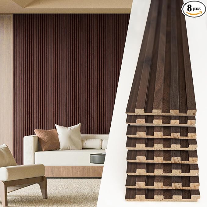 art3d slat wood wall paneling - 108 x 5.7 x 0.7in, pack of 8pcs + 1pc end-trim for interior and ceiling decor, walnut