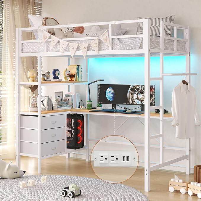(Incomplete -  Box #2B only) DICTAC Loft Bed Twin Size with L-Shaped Desk, LED Lights and Charging Station Metal Twin Loft Bed for Kids/Tenn with 3 Storage Shelves and 3 Fabric Drawers,loft Beds with Safety Guard &Ladder, White