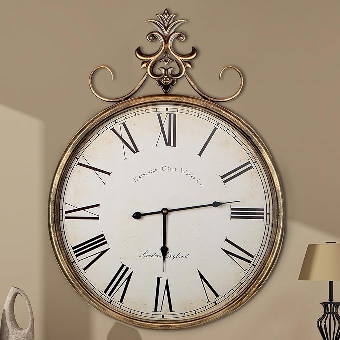 vintage wall clock – gold metal clock, decorative antique farmhouse wall clock, large rustic clock for living room, office, or entryway décor