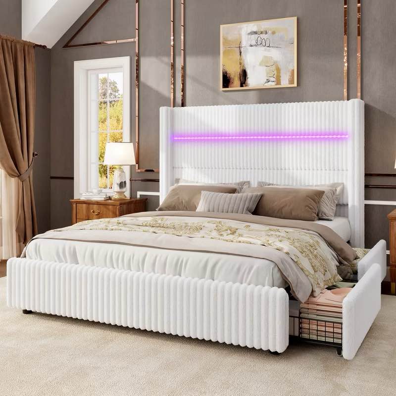 (incomplete - Box #1 only) AMERLIFE Queen Size LED Upholstered Platform Bed Frame with 4 Storage Drawers, Charging Station, Wood Slats, White