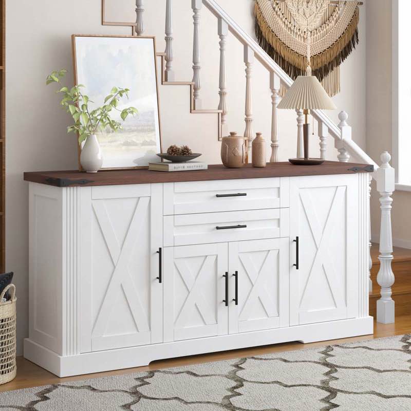 63" farmhouse barn door storage cabinet with 2 drawers & door rack