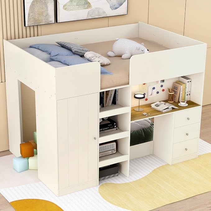 (Incomplete - Box #3 only) Quarte Multifunctional Loft Bed, Full Size Loft Bed with Built-in Wardrobe, Desk, Storage Shelves and Drawers for Kids Teens Adults