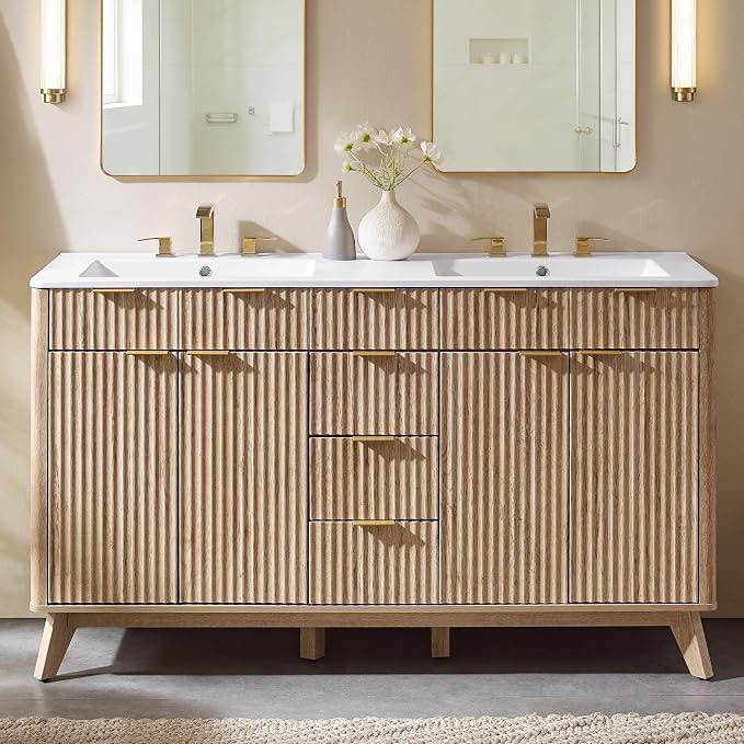 Condition photo showing New/Like New for (incomplete) ((*sink only*)) t4tream 60" fluted bathroom vanity with resin sink combo?freestanding modern bathroom storage vanity cabinet with soft closing doors & 3 drawers?wood grain texture?metal handle?natural oak -