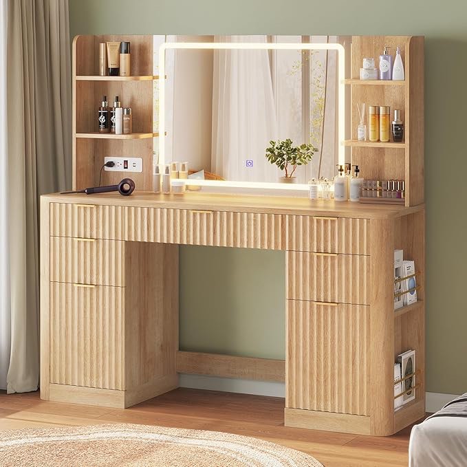 (Incomplete - box B only) HAUOMS 51.2" Fluted Makeup Vanity Desk with Large 30.3" Mirror and Lights, 5 Drawer Vanity with Power Strip, 6 Open Shelves, 2 Cabinet?Modern Dressing Table with Solid Wood Legs for Bedroom, Oak
