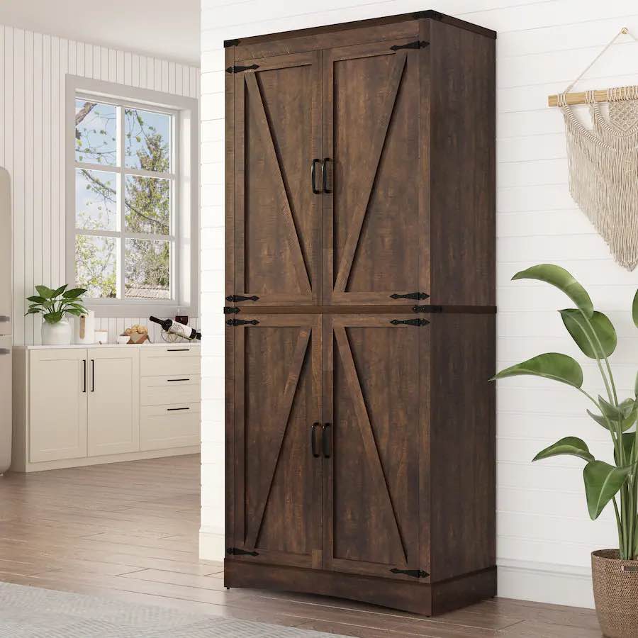 (pick up 2 boxes ) Espafurni - 71in Farmhouse Pantry - 4 Doors Cabinet, Adjustable Shelves, Steel Pipe for Kitchen & More - Brown