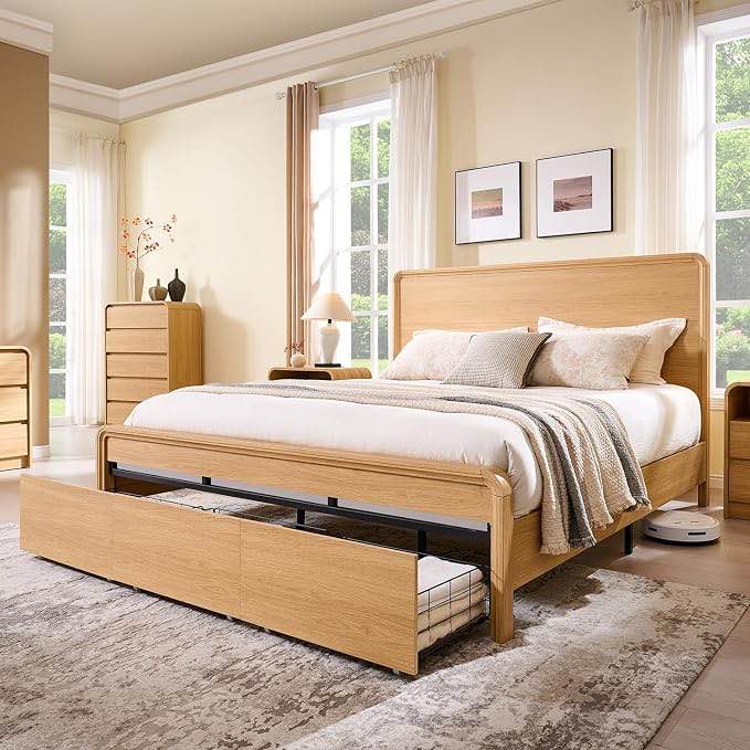 (incomplete - box #2 only) Aitjunz Modern King Size Bed Frame with 50" Tall Headboard, Wood King Size Platform Bed Frame w/3 Storage Drawers, Curved Profile Design, Wood & Steel Platform Bed, No Box Spring Needed, Natural Oak