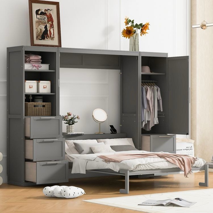 queen size murphy bed wall bed with closet, drawers and shelves, gray-modernluxe (incomplete one box only)