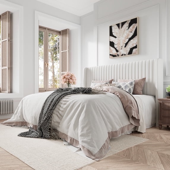 amolife queen size velvet upholstered bed with wingback headboard, off-white (incomplete headboard only)
