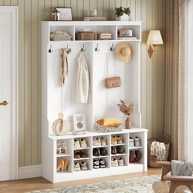 hall tree with bench and shoe storage, white (incomplete one box only)