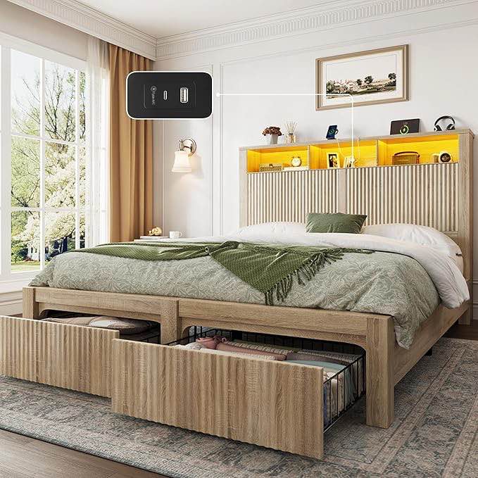 full size bed frame with headboard and storage drawer, full bed frame with led light and charging port, farmhouse wavy wood design, wood & metal platform ( incomplete one box only)