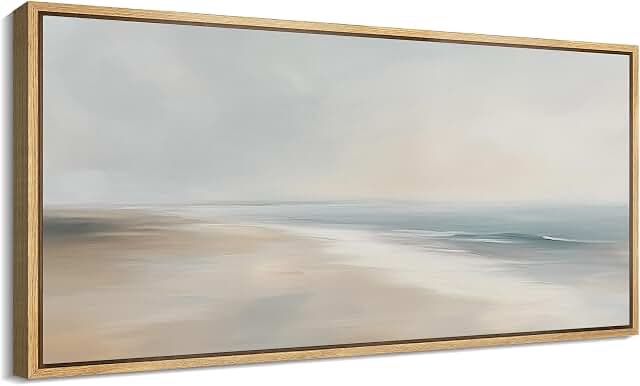 mudecor extra large framed canvas print wall art tranquil beach soft seaside scene with gentle waves and neutral tones illustrations decorative colorful multicolor for bedroom - 60"x30"