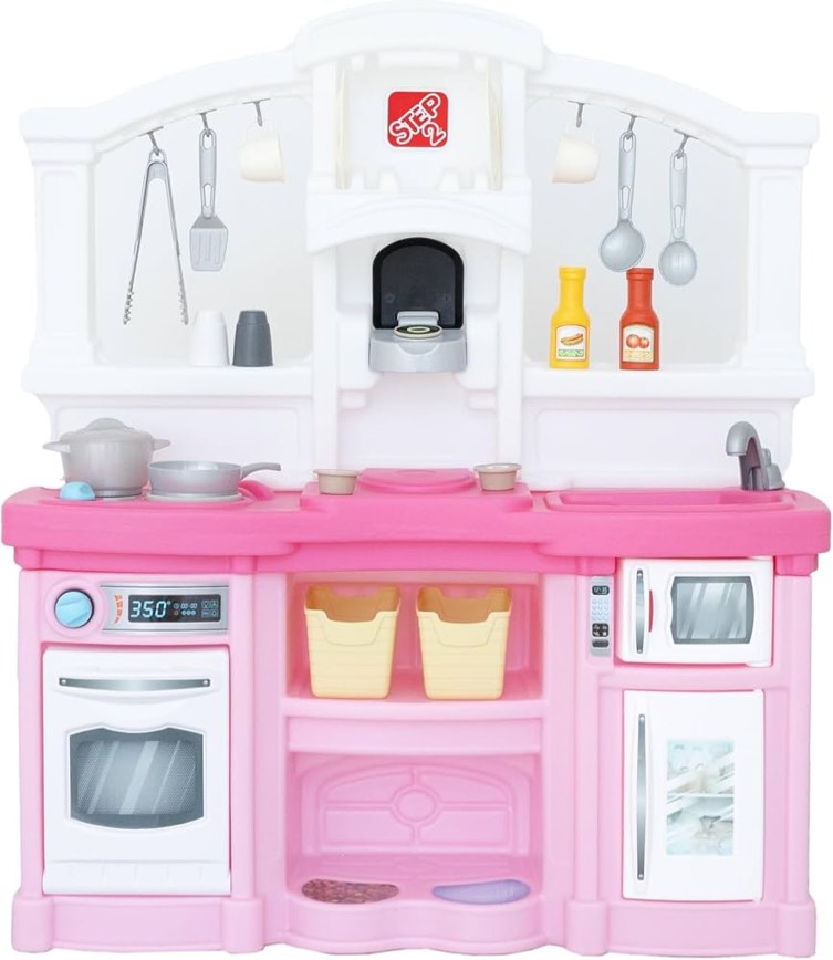 step2 fun with friends kids kitchen playset, indoor/outdoor kitchenette, interactive play with lights and sounds, durable plastic, includes 25 piece toy accessories, toddlers 2+ y