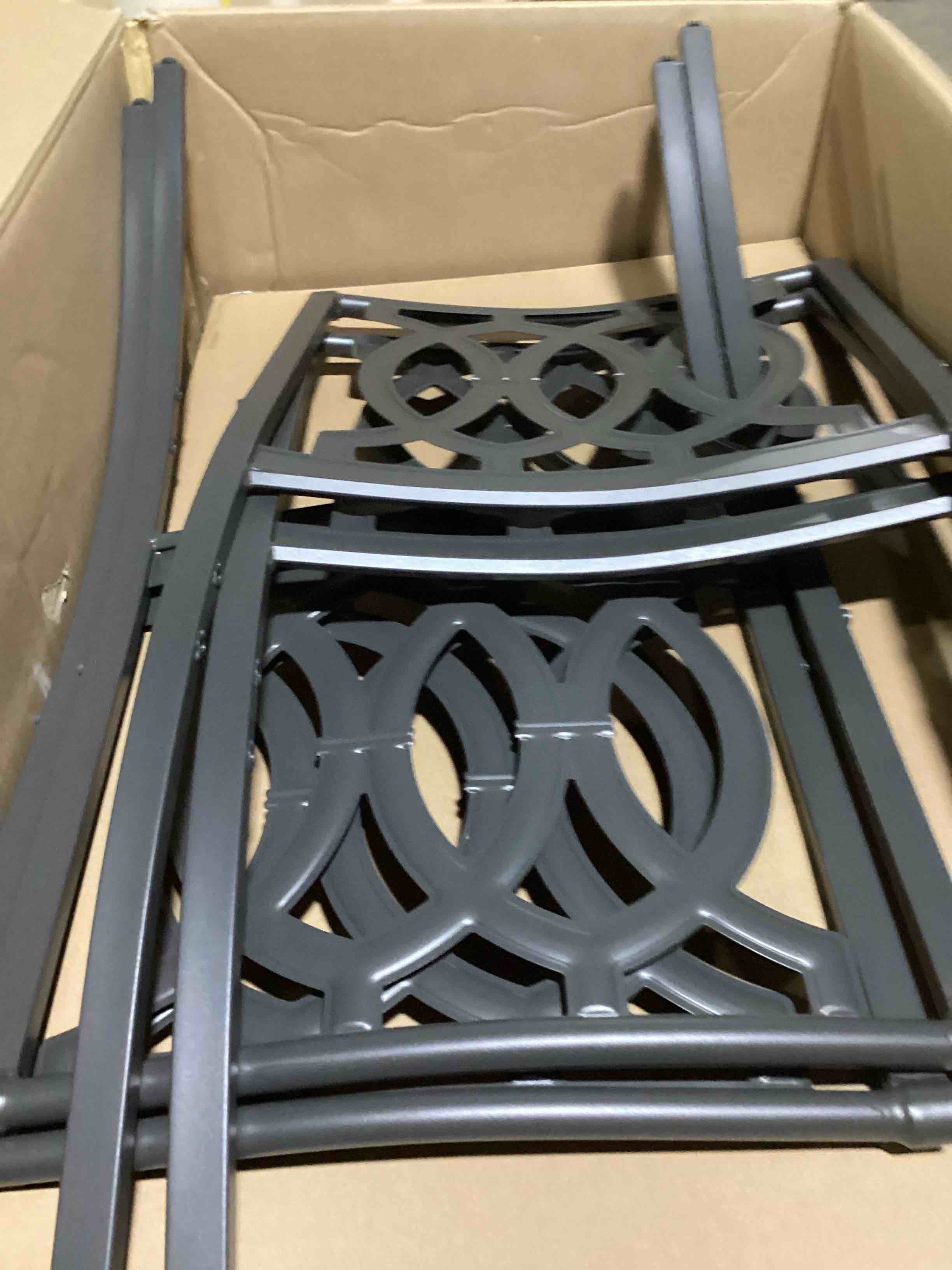 Condition photo showing As Is for  2 boxes for pick up. allen + roth thomas lake 7-piece patio dining set collection.