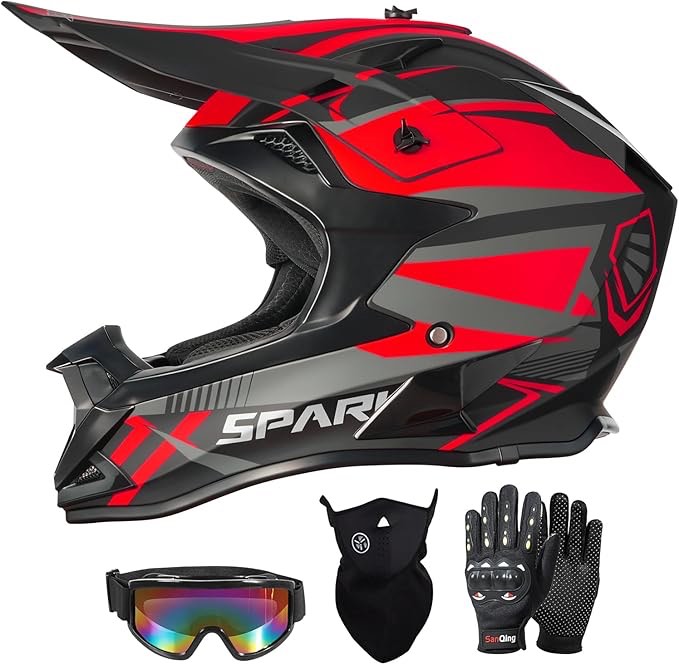 SPARK Adult Motocross Helmet Dirt Bike Helmets Full Face Motorcycle Off-Road Mountain E-Bike BMX MX ATV Helmet (with Gloves Goggles Mask) 4Pcs Set, DOT Certified Large