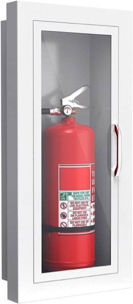 fire extinguisher cabinet for 10 lb extinguisher, semi-recessed steel metal enclosure with acrylic glass window, 27-1/2" h x 13" w x 6-1/2" d, indoor & outdoor use