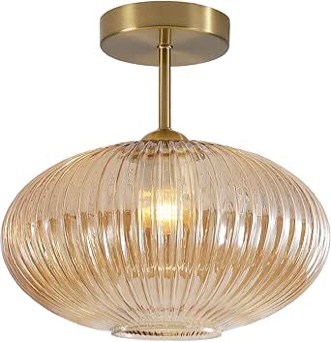 BOKT Vintage Brushed Brass Semi Flush Mount Ceiling Light Amber Ribbed Glass Pendant Light Mid Century Modern Gold Close to Ceiling Light Fixture for Indoor Use 9.8"