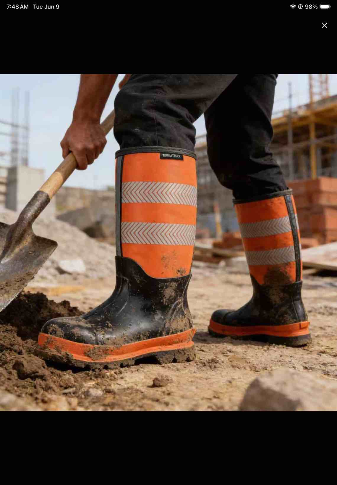 Condition photo showing Good Condition for men's steel toe rubber work boots, waterproof neoprene safety boots with puncture proof midsole - oil & chemical resistant, reflective high-vis for construction, concrete, roadwork orange 10 wide
