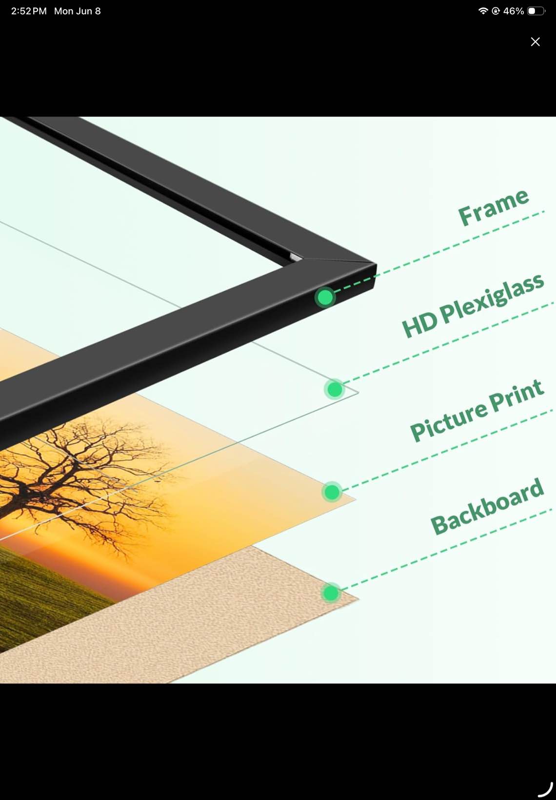 Condition photo showing As Is for 19.25x26.75 picture frame for wall display, 19.25x26.75 black picture frame with shatter resistant plexiglass, stable and sturdy puzzle frame for wall display, handpicked gift collection