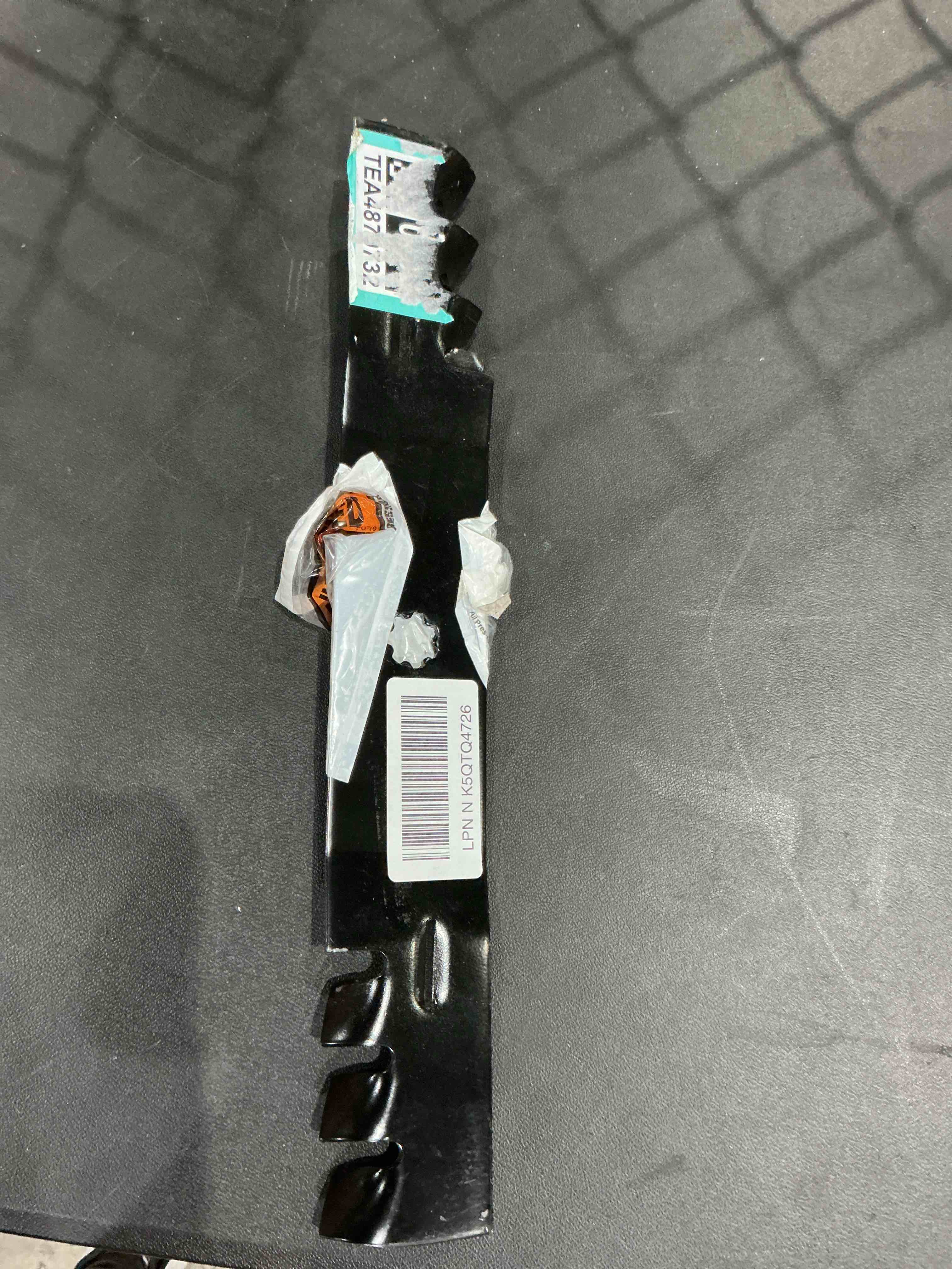 Condition photo showing As Is for missing parts, maxpower 561812xb set of 3, 3-n-1 commercial mulching blades for 48 in. cut john deere mowers replaces oem no. gx21784, gx21786, gy20852