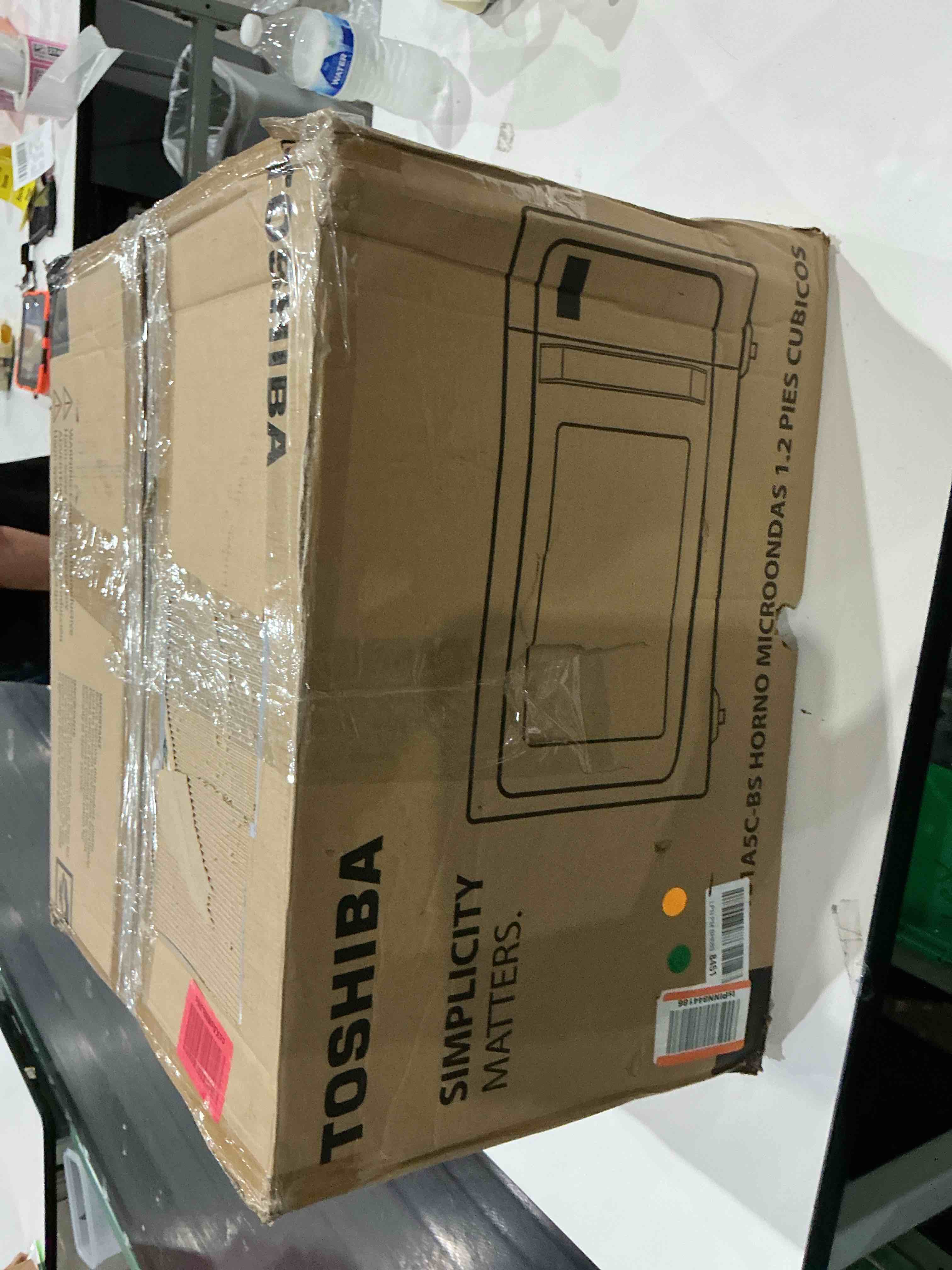 Condition photo showing As Is for toshiba em131a5c-ss countertop microwave ovens 1.2 cu ft with 12.4\" removable turntable smart humidity sensor, 12 auto menus mute function eco mode easy clean interior, 1000w, silver 1.20 cu.ft