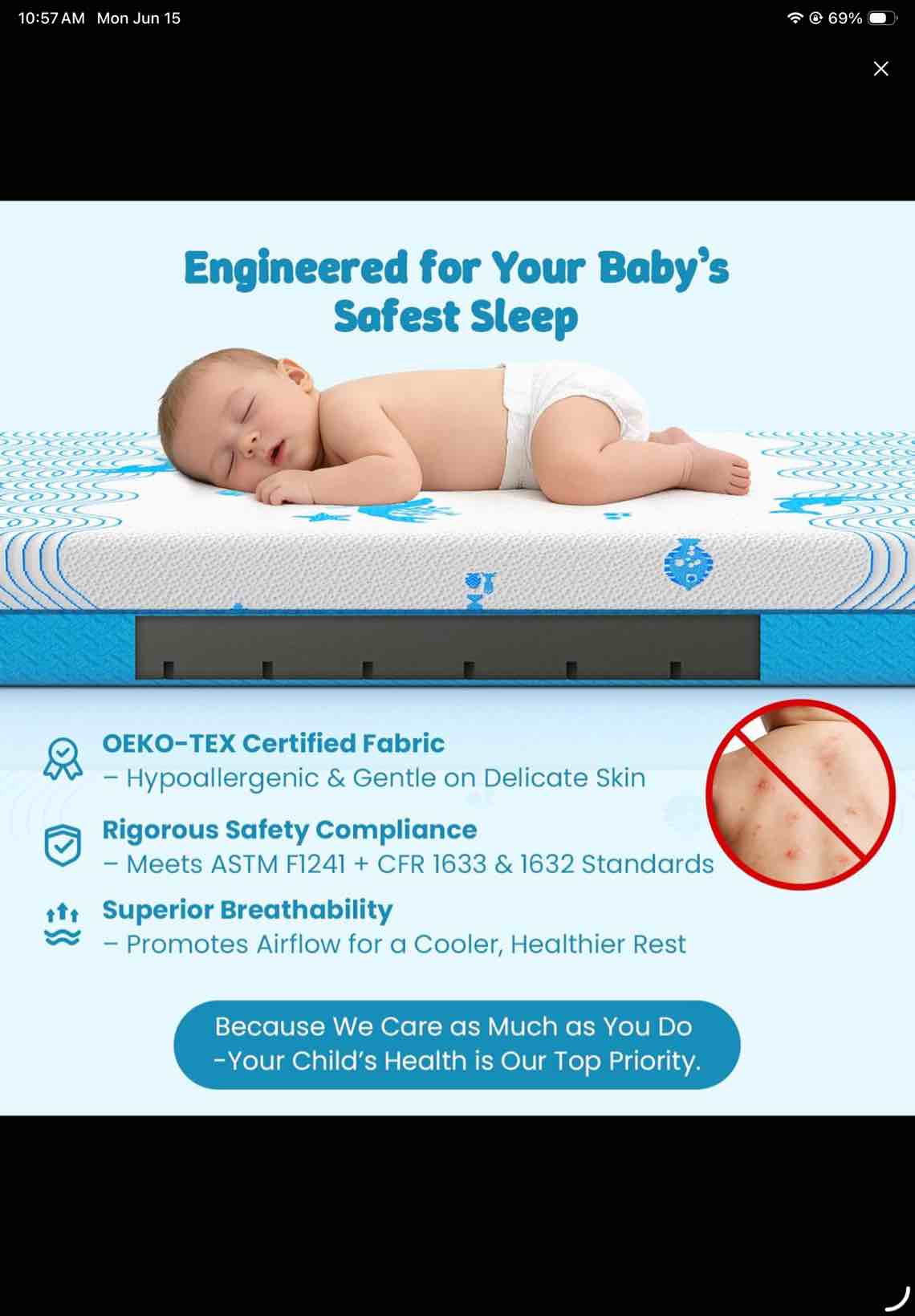 Condition photo showing As Is for joymiss breathable crib & toddler mattress: soft cribs mattresses for waterproof - 52\" x 27.6\" x 5\" - tencel toddler bed mattress fits baby and kids ocean breathable crib mattress