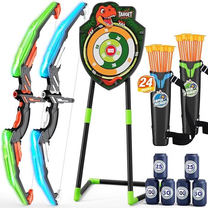 hyes 2 pack bow and arrow for kids, led light up archery set with 24 suction cup arrows, 1 standing target, 6 score targets & 2 quiver, indoor outdoor sport gifts for boys girls ages 4-8