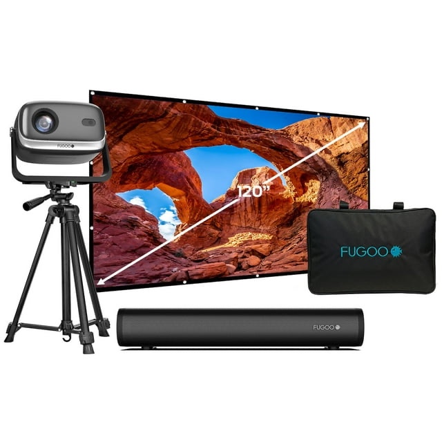 fugoo outdoor projector & soundbar bundle with tripod & 120" foldable screen