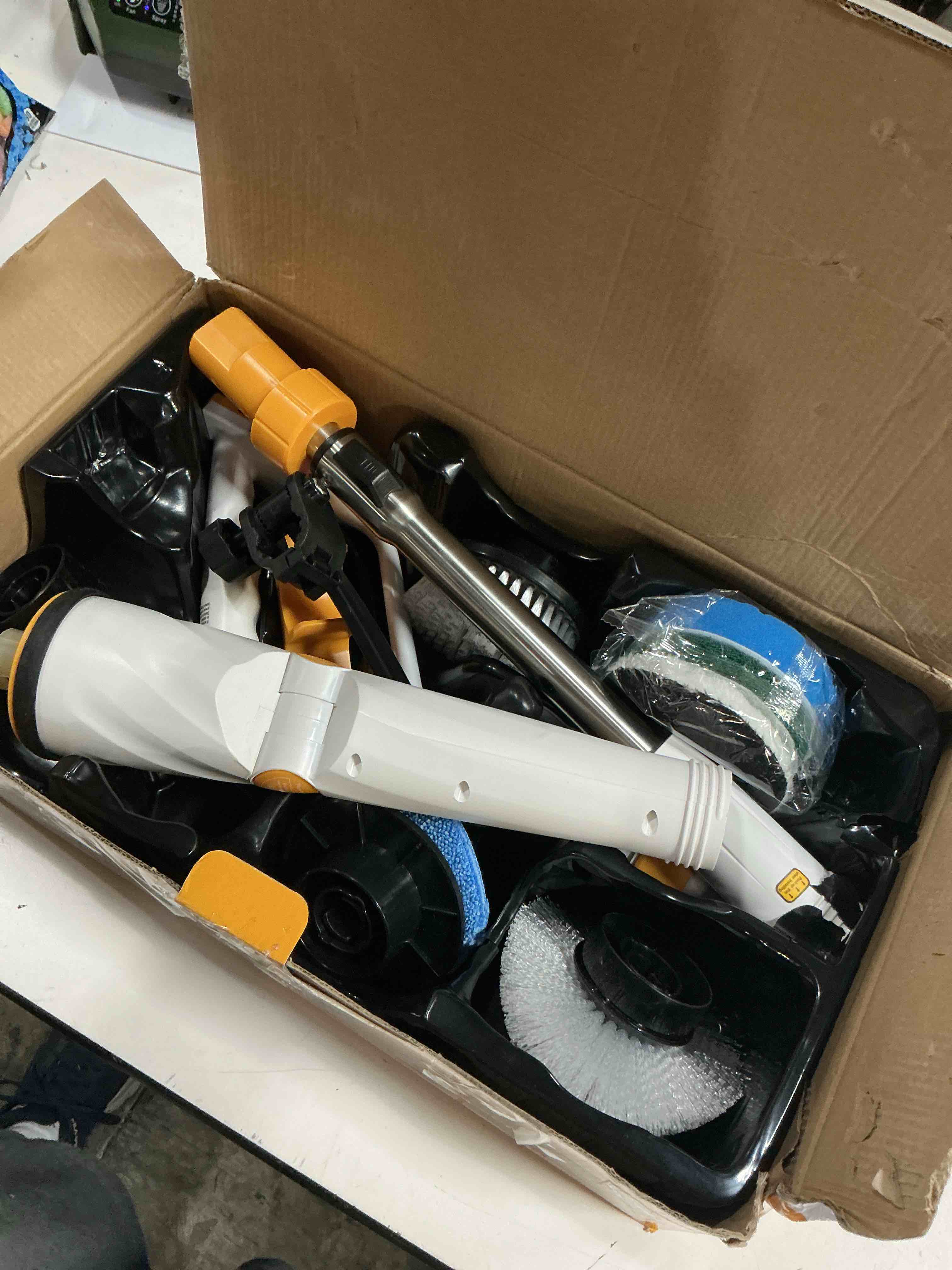 Condition photo showing As Is for qimedo electric spin scrubber with two batteries q2 pro,1500 rpm high power electric scrubber for cleaning,shower cordless cleaning brush with display for tub/tile/floor (effortless handle/8 brushes) white scrubber with 50-inch handle