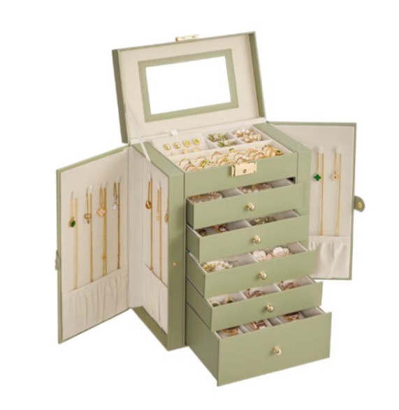 songmics 6-layer jewelry box organizer with 5 drawers, jewelry storage case with lock and mirror, la