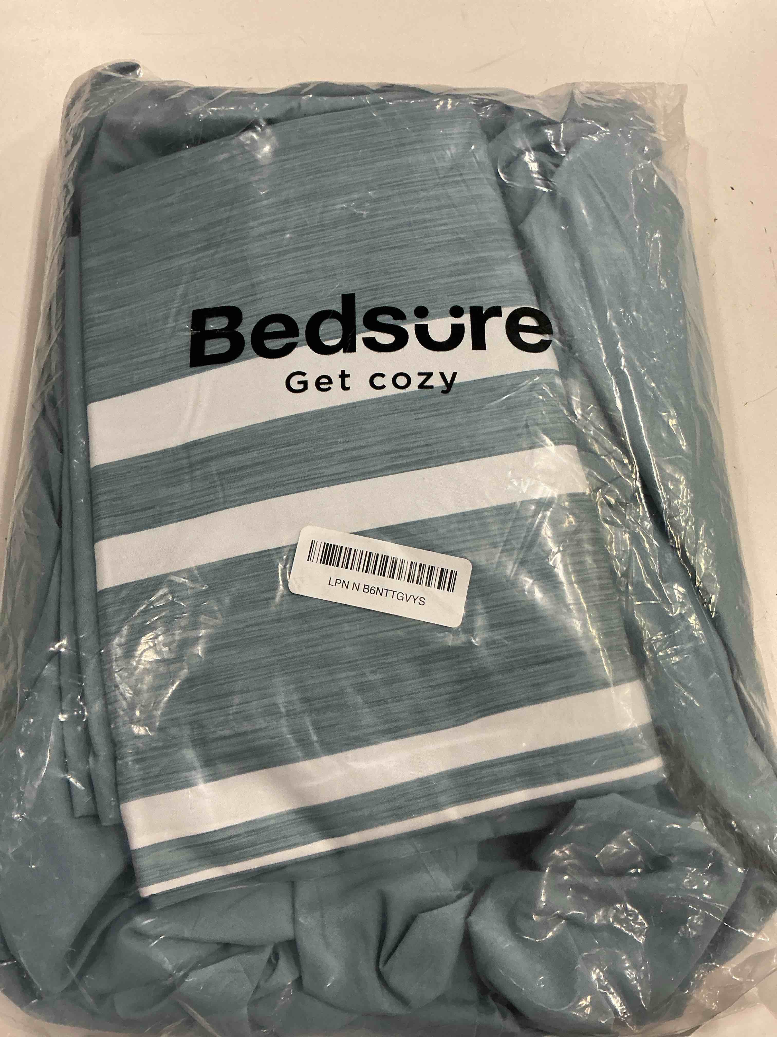 Condition photo showing As Is for bedsure queen comforter set 7 pieces, grey blue striped bedding set for all seasons, reversible, cationic dyeing bed in a bag with comforter, sheets, pillowcases & shams 13 - grey blue queen (missing comforter)