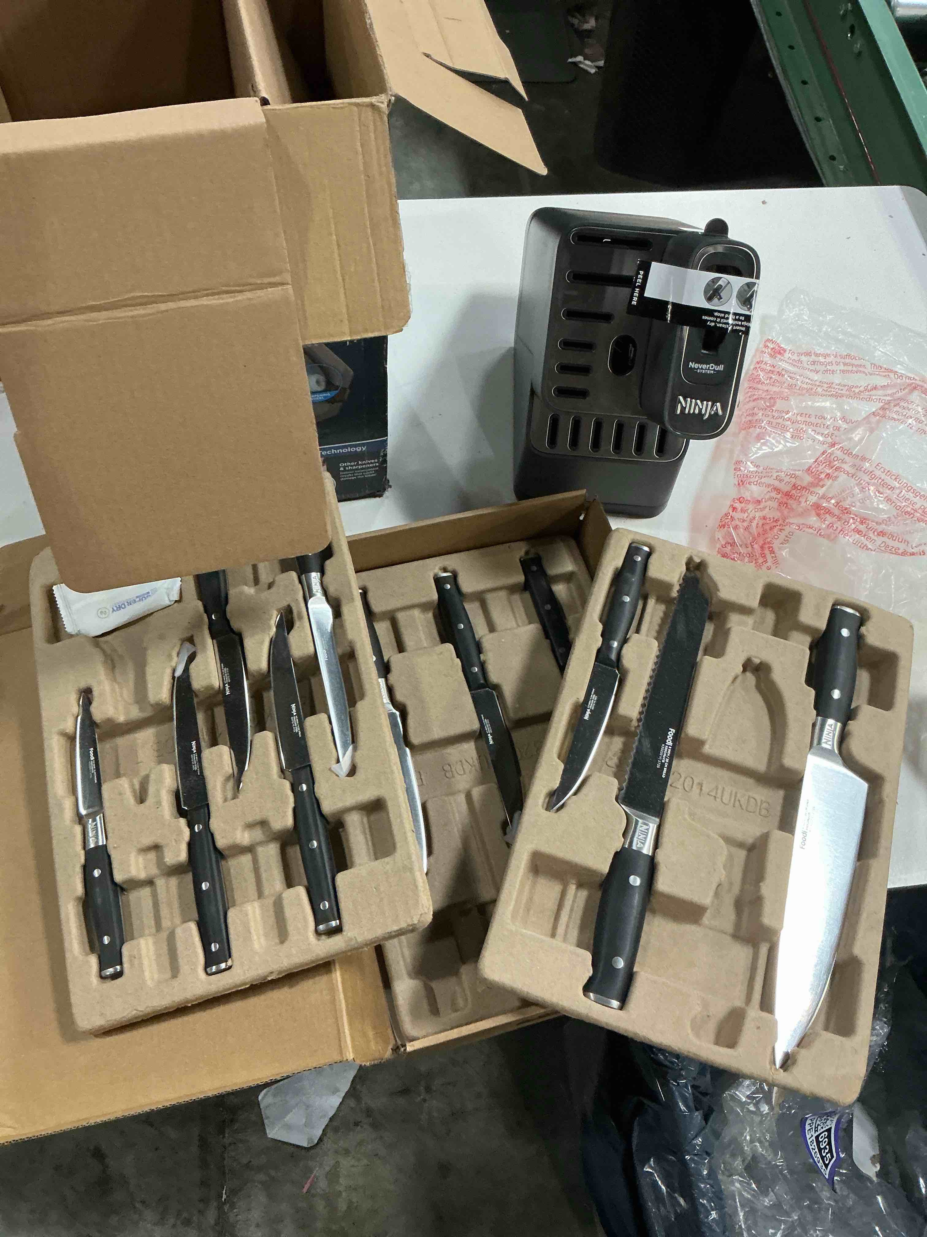 Condition photo showing As Is for ninja knife set, knife sharpener, knife block set, stainless steel knives, 14 piece set, steak knives, chef knives and more, foodi neverdull, black, k32014? 14pc set black (missing parts)
