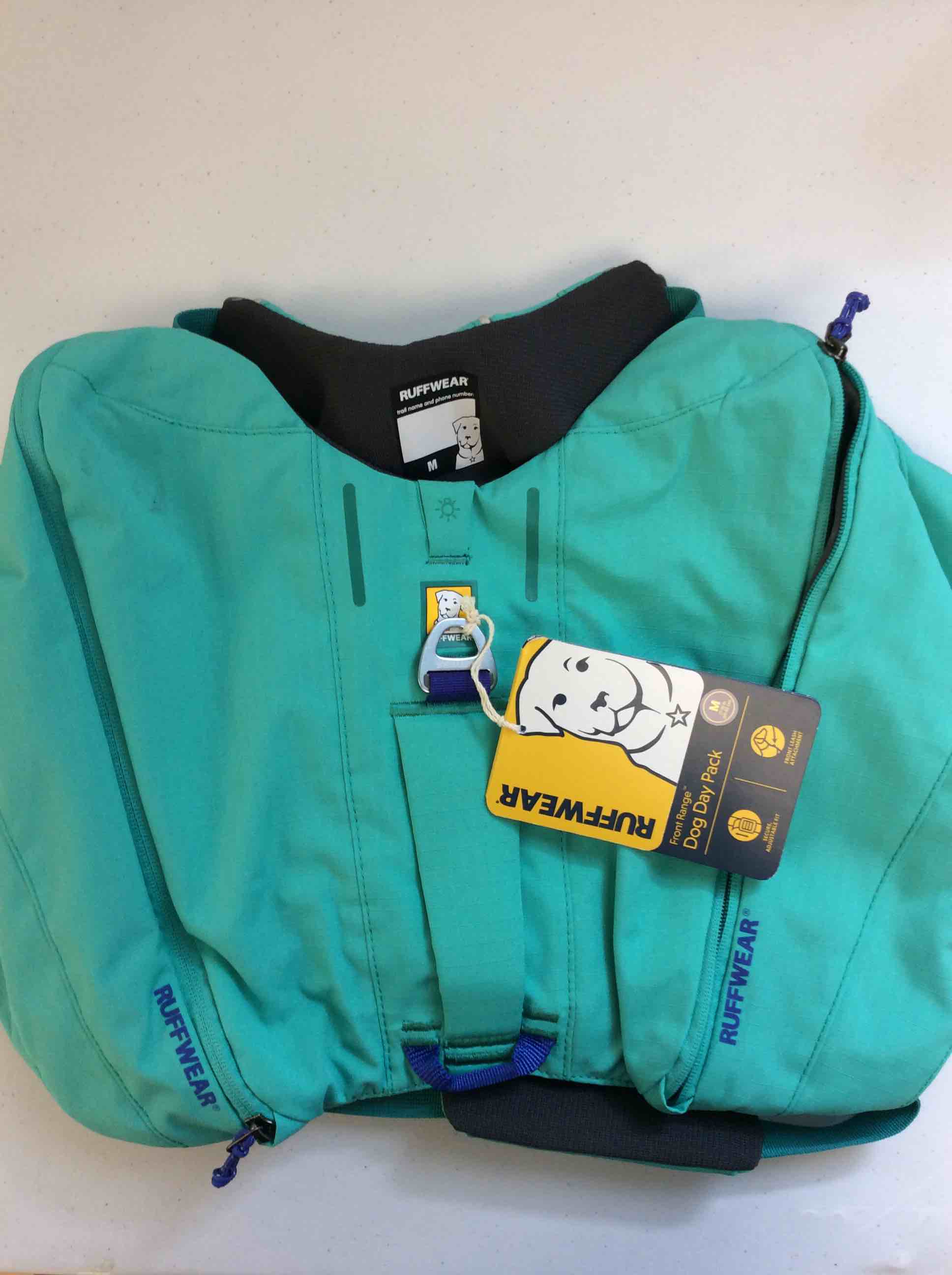 Condition photo showing New/Like New for ruffwear, front range dog day pack, backpack with handle for hikes & day trips, aurora teal, medium