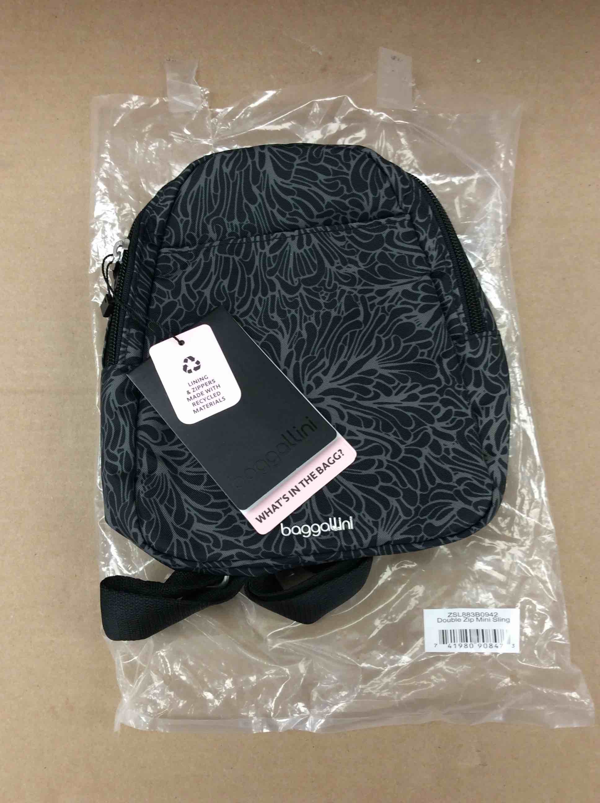 Condition photo showing New/Like New for baggallini double zip mini sling handbags midnight blossom, nylon/polyester
