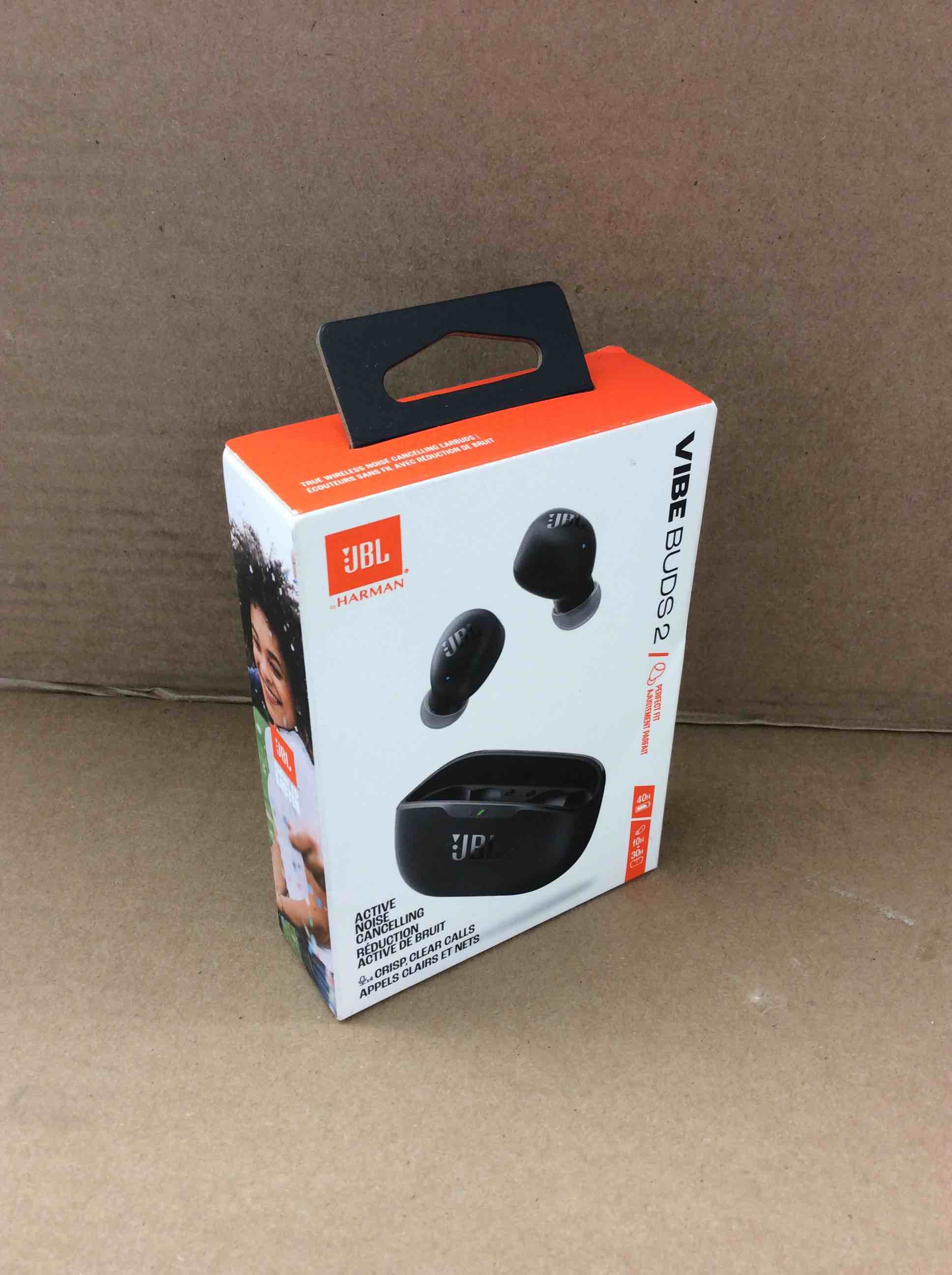 Condition photo showing New/Like New for jbl vibe buds 2 - true wireless noise cancelling earbuds with jbl pure bass sound & smart ambient technology, 4mics for crisp, clear calls, up to 40hrs of playback, ip54 dust & water resistant (black)