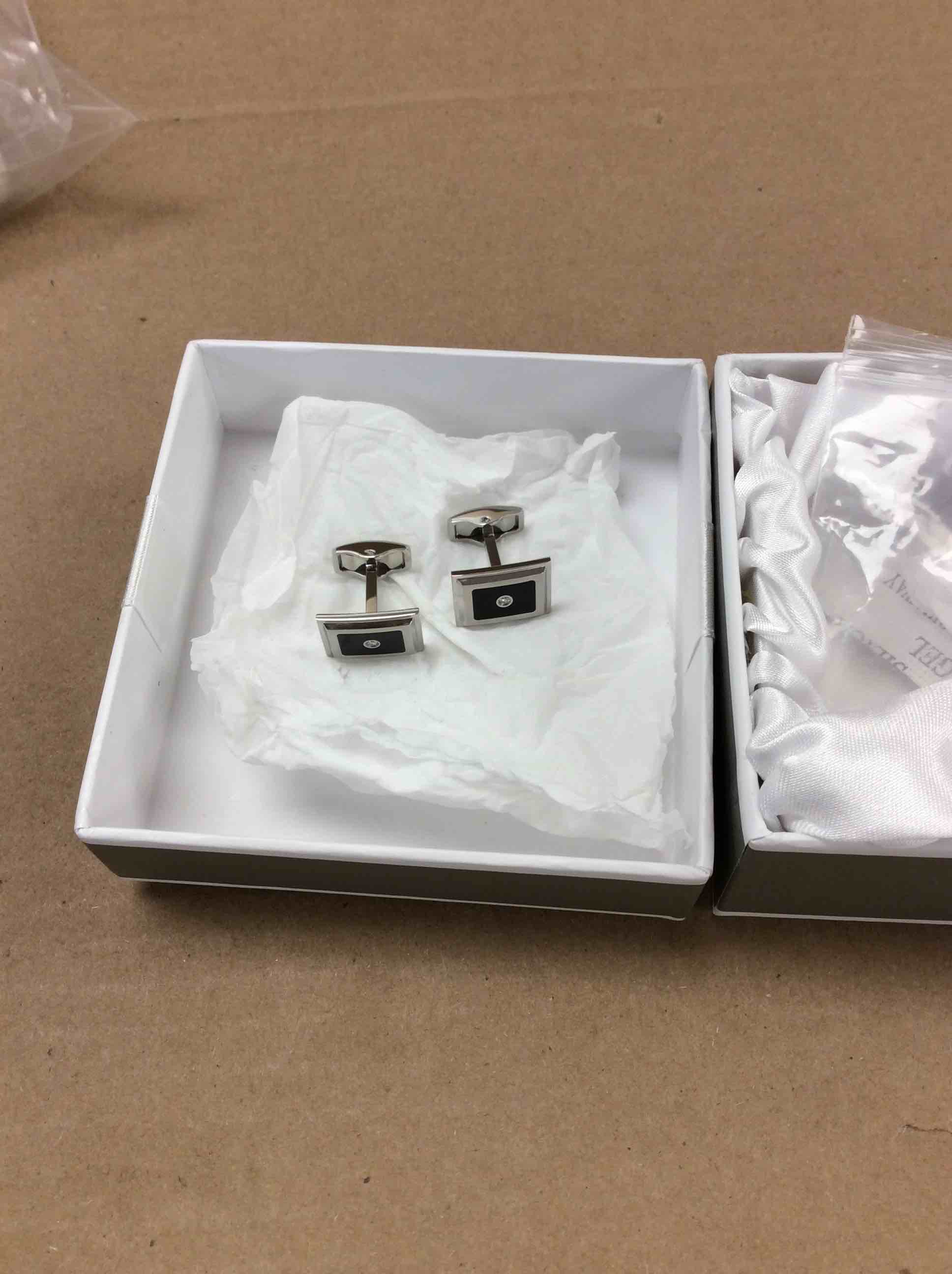 Condition photo showing New/Like New for ibgoodman stainless steel brushed black enamel with .06ct. a quality diamond cuff links