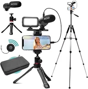 movo usb-c vlogging kit for iphone 15/16 - phone video kit accessories: phone tripod, phone mount, led light and shotgun microphone - youtube starter kit for content creation, tiktok, podcasts