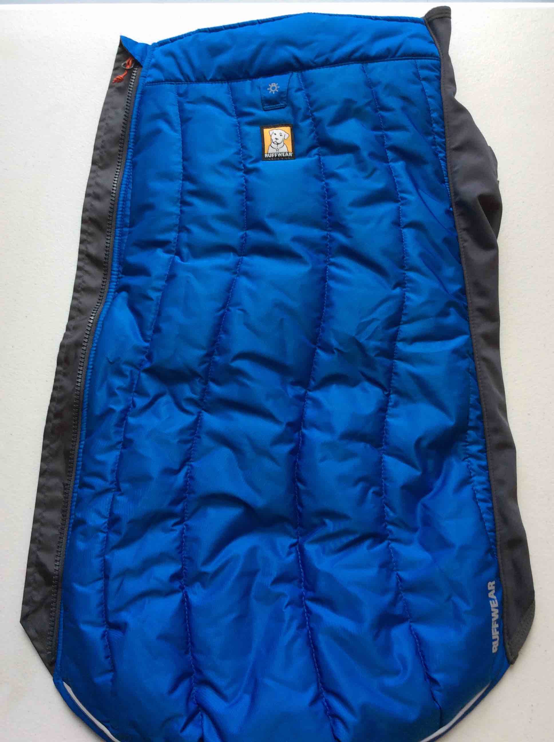 Condition photo showing New/Like New for ruffwear powder hound winter dog jacket blue medium
